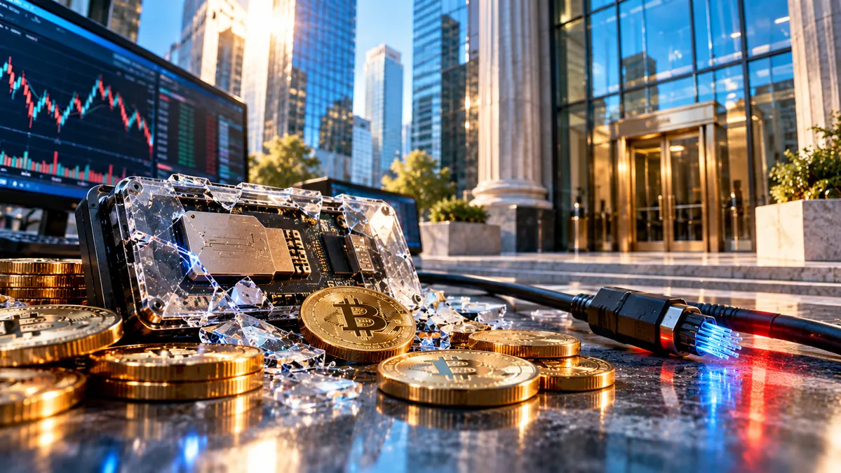 Bright editorial illustration of a cracked cryptocurrency hardware device, Bitcoin-style coins and a disconnected cable outside a modern bank.