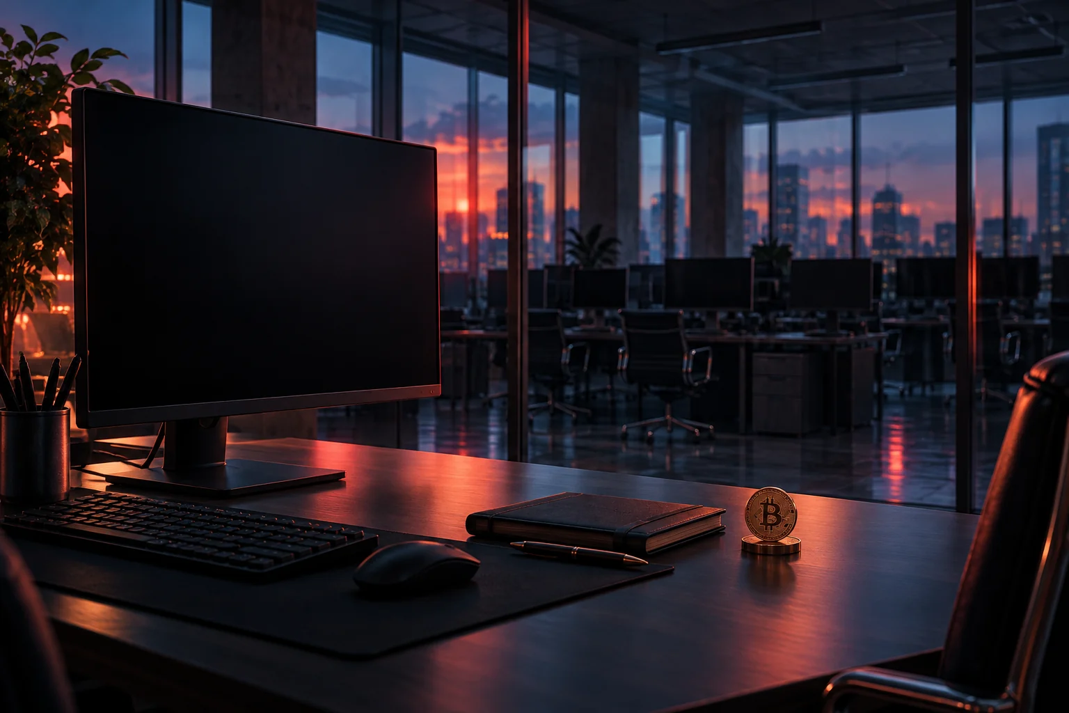 Conceptual illustration of an inactive trading terminal and a Bitcoin token beside an empty trading room at dusk, depicting a crypto exchange closure.