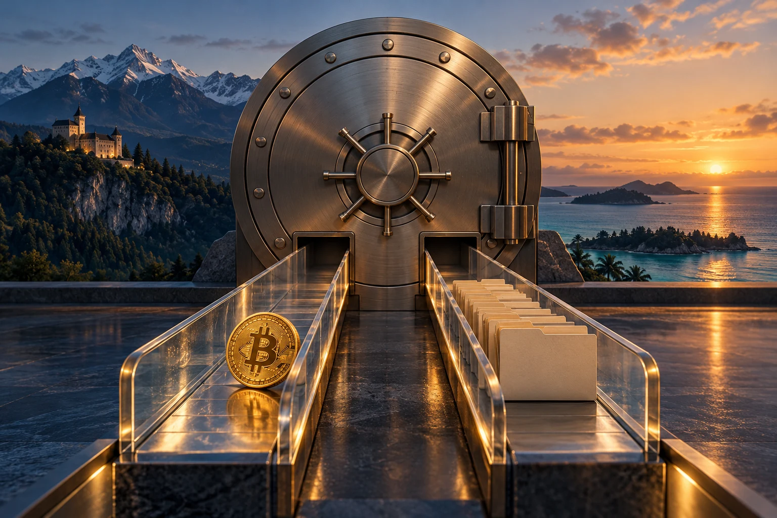 Conceptual closed metal vault with two glass channels holding a Bitcoin token and blank folders, against mountain and ocean scenery.