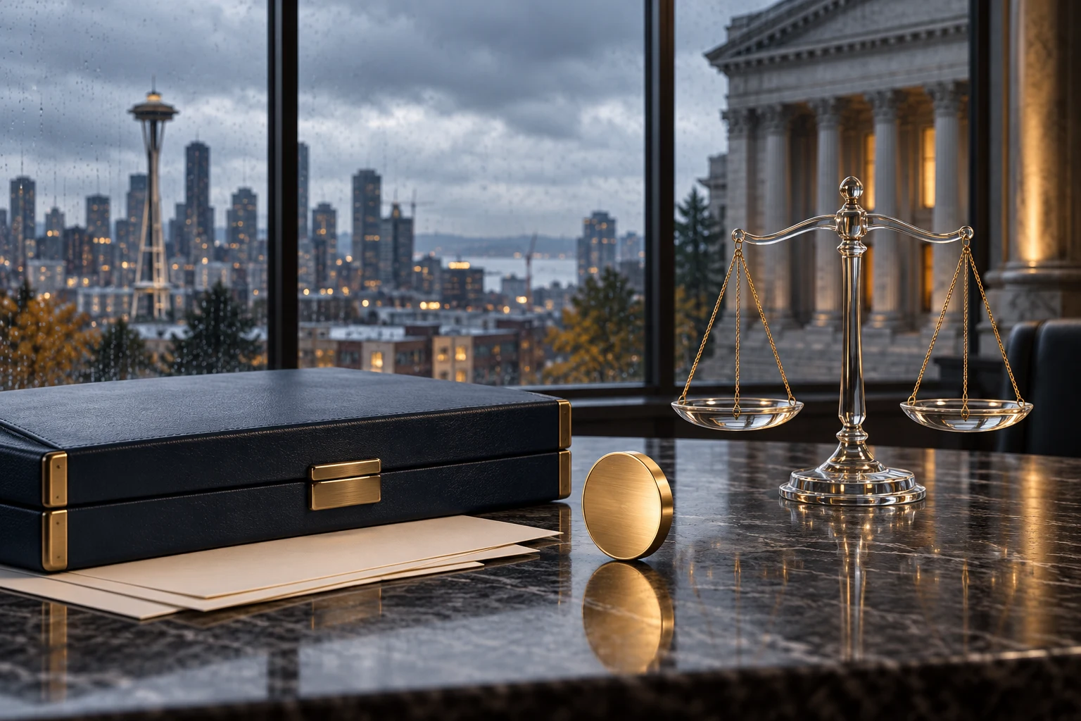 Conceptual navy document case, blank legal papers, gold token and balance scales beside a rainy Seattle skyline and courthouse.