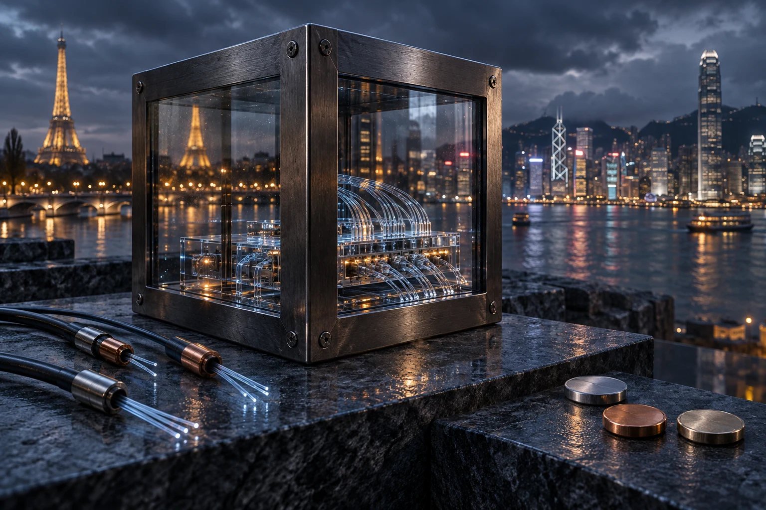 Conceptual glass network hub inside a metal-framed enclosure, with disconnected cables and blank tokens against Paris and Hong Kong city lights.