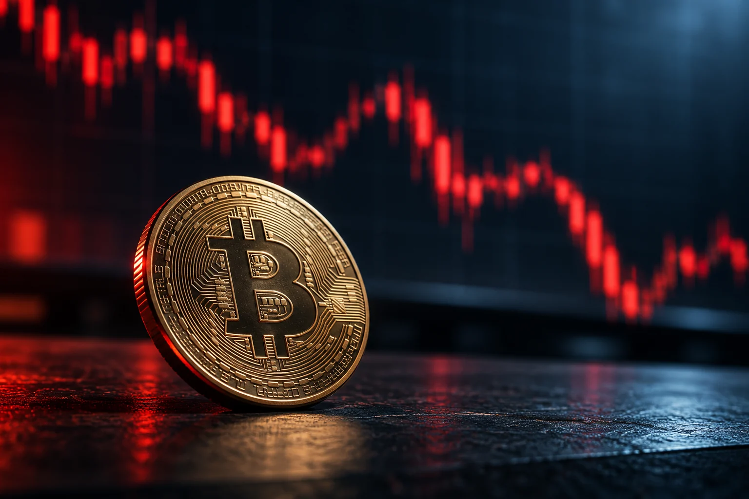 Editorial illustration of a Bitcoin coin on a dark desk with an abstract red declining candlestick display.