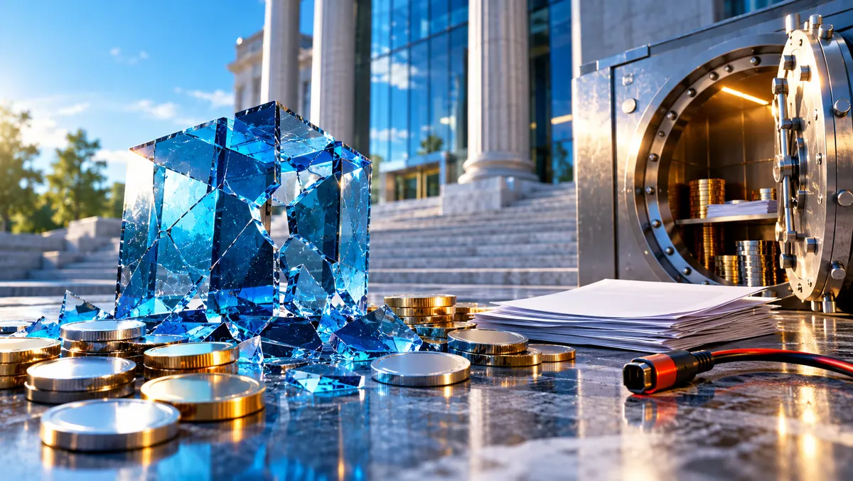 Bright conceptual scene of shattered blue glass, an open steel vault, coins, papers and courthouse columns, symbolizing Cryptsy's closure and recovery proceedings.