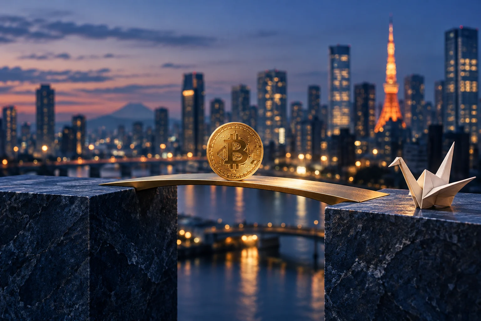 Conceptual Bitcoin token on a gold bridge between stone platforms beside an origami crane, with Tokyo at dusk