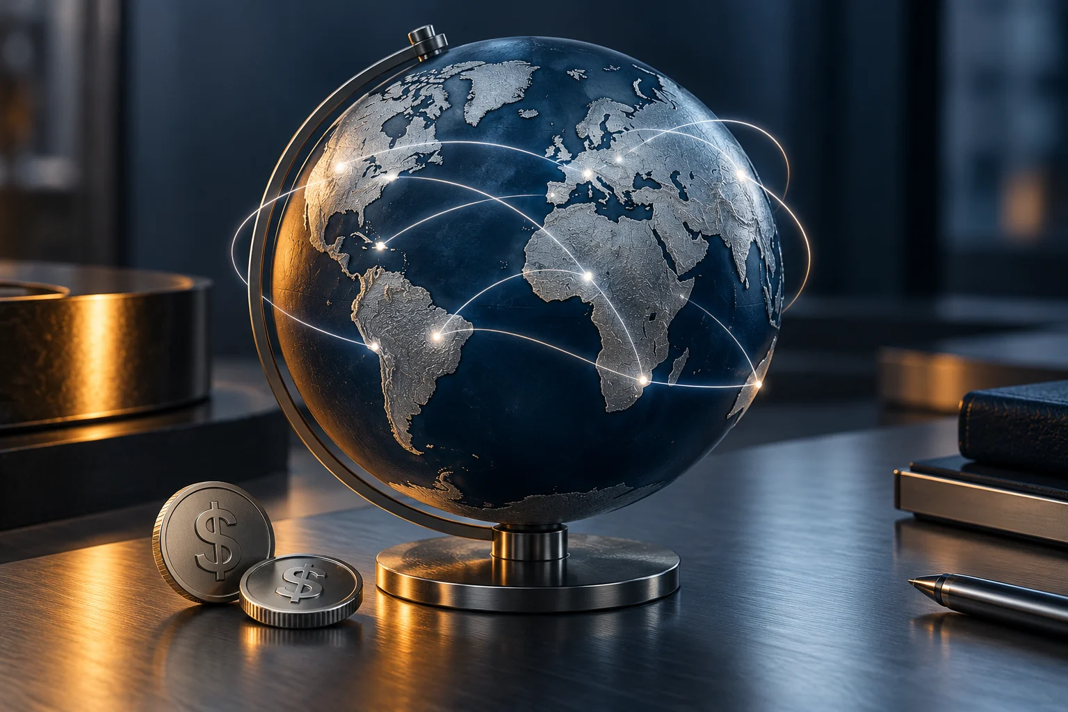 Conceptual illustration of a blue globe with illuminated international links and dollar tokens, depicting cross-border stablecoin payments.