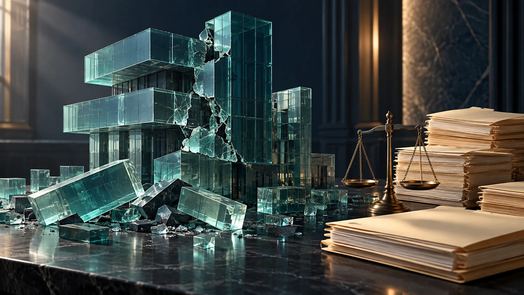 Conceptual illustration of a fractured teal glass structure beside unmarked document folders and a brass balance scale.