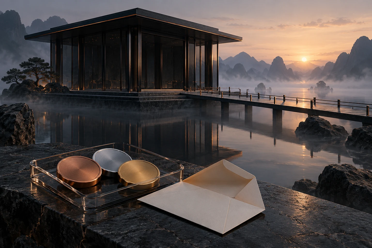 Conceptual dark glass exchange pavilion over still water, with blank metallic tokens, an open envelope and a bridge fading into mist.