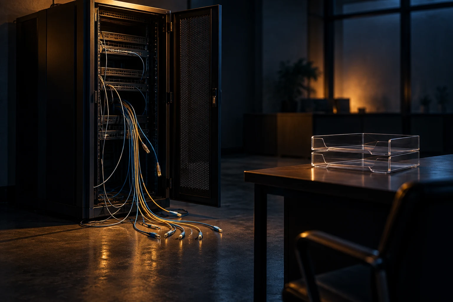 Conceptual illustration of a disconnected server cabinet with loose cables beside an empty transparent account tray.