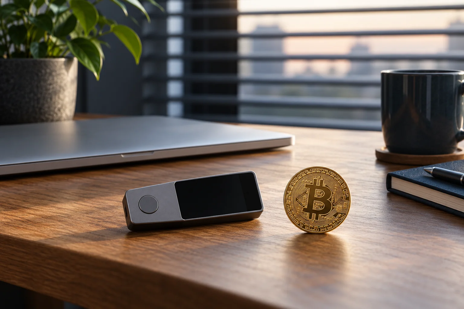Editorial illustration of a closed laptop, a generic hardware wallet and a Bitcoin token on a wooden desk.