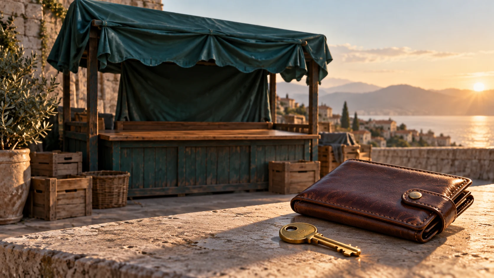 Conceptual illustration of a closed market stall with a leather wallet and brass key in the foreground.