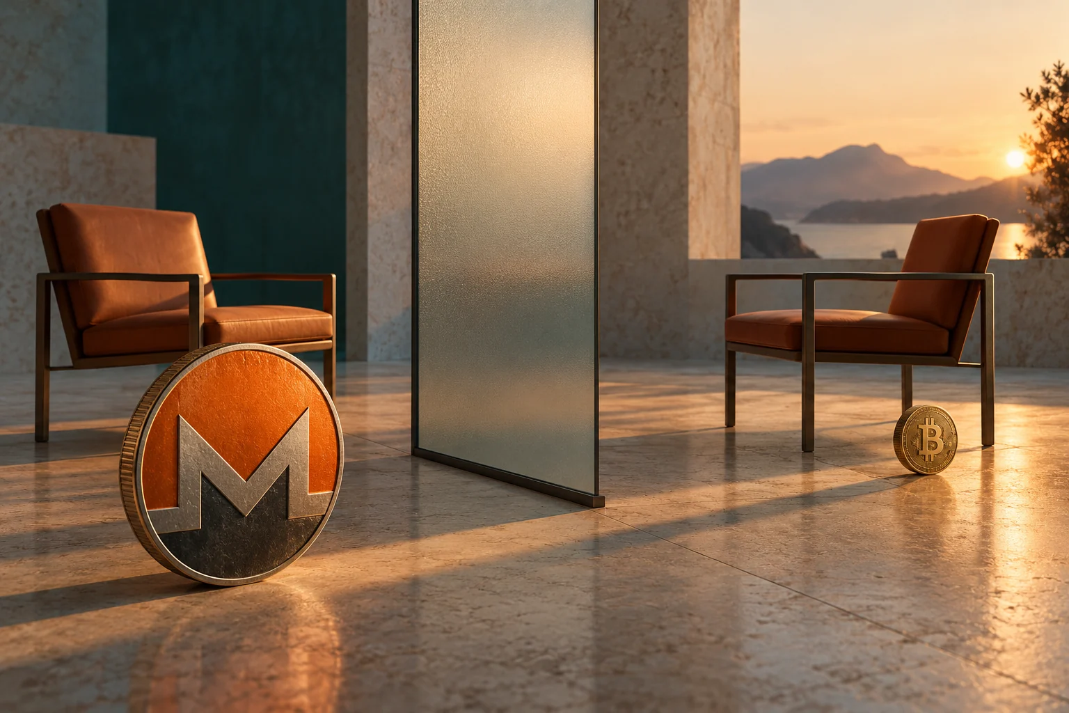 Conceptual Monero and Bitcoin tokens beside two empty chairs separated by frosted glass, illustrating a closed peer-to-peer marketplace