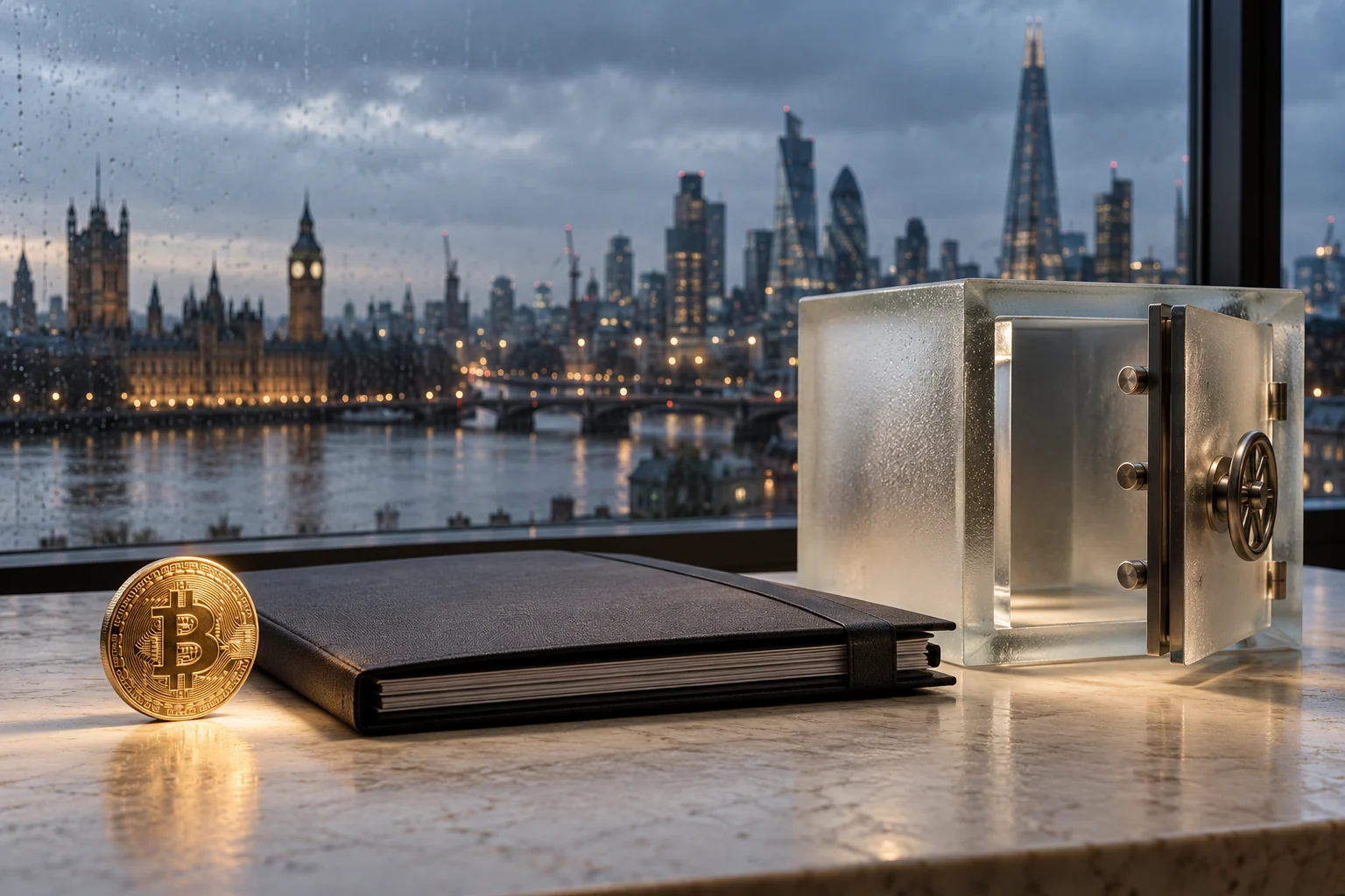 Conceptual Bitcoin token, closed records folder and open glass vault overlooking a rainy London skyline