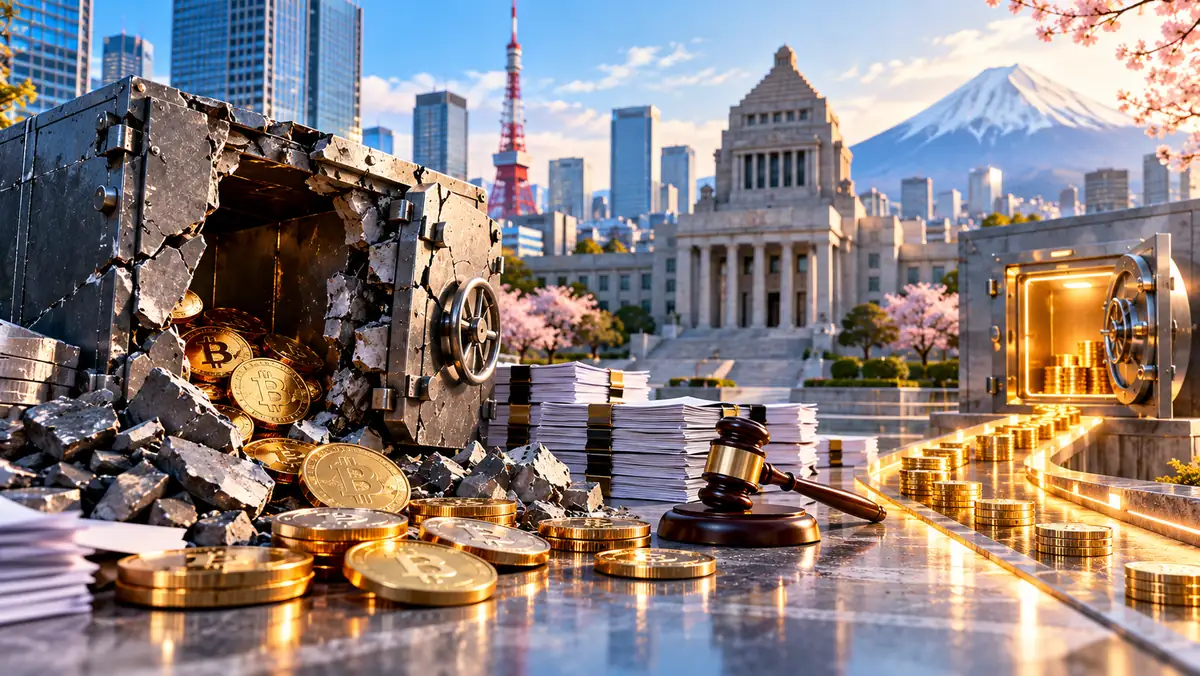 Illustration of Tokyo's skyline and courthouse, with a damaged Bitcoin vault, coin stacks, legal documents, and a second illuminated vault.