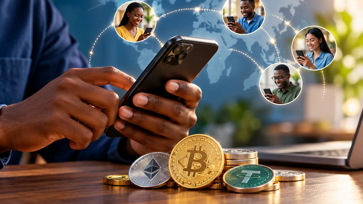 Person using a smartphone beside Bitcoin and other cryptocurrency coins, with a world map connecting mobile users in the background.