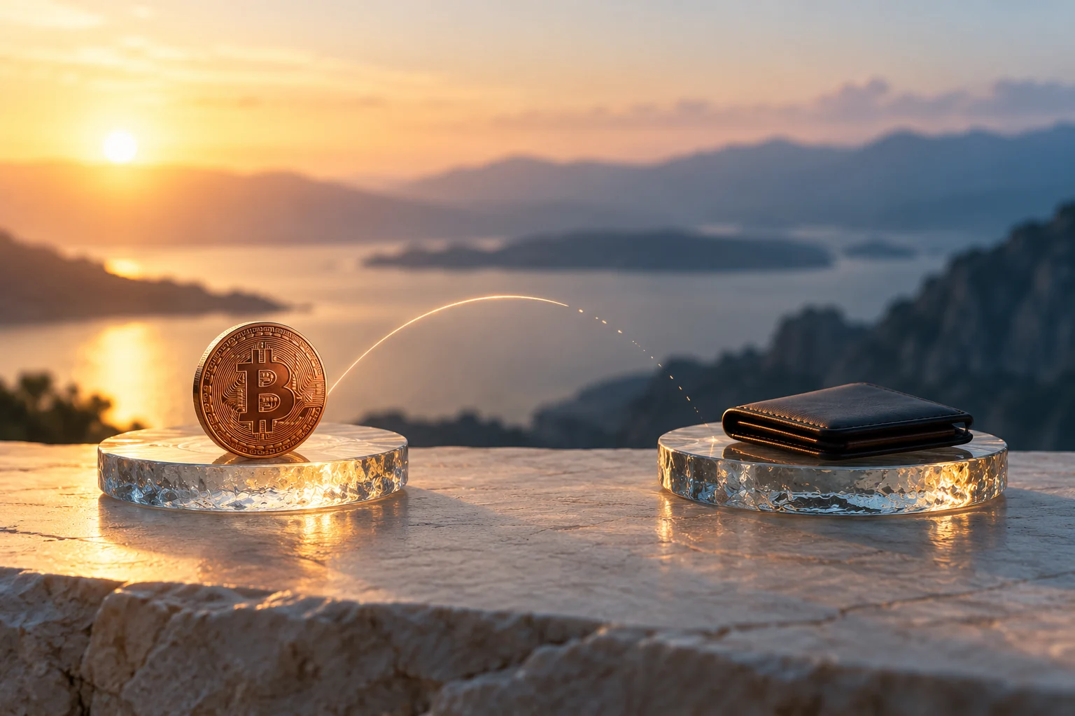 Conceptual Bitcoin token and closed wallet on separate glass platforms connected by fading light at sunrise