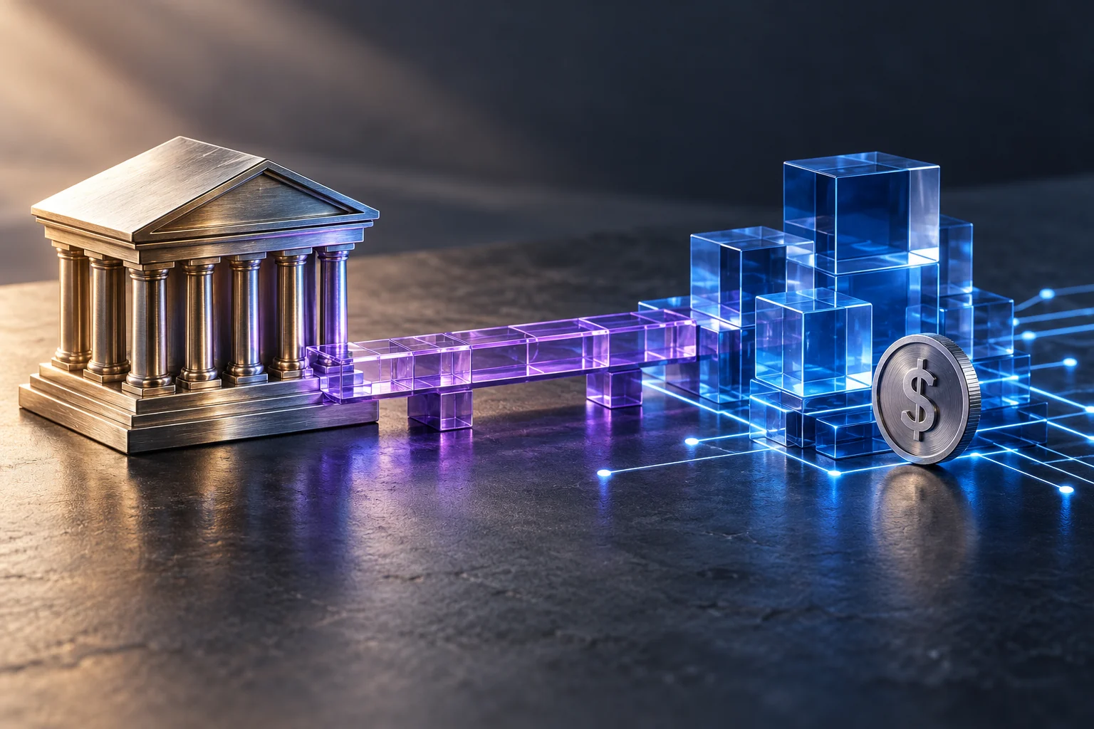 Conceptual illustration of a metal bank connected by a violet glass bridge to blue digital blocks and a dollar token.