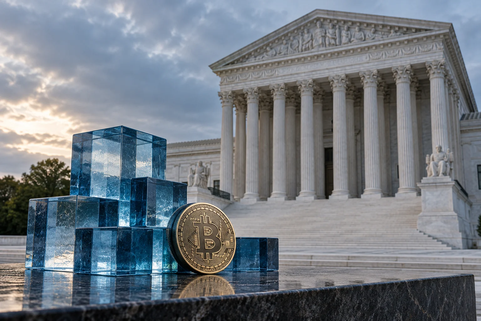 Conceptual illustration of a marble courthouse with blue glass blocks and a Bitcoin token in the foreground.