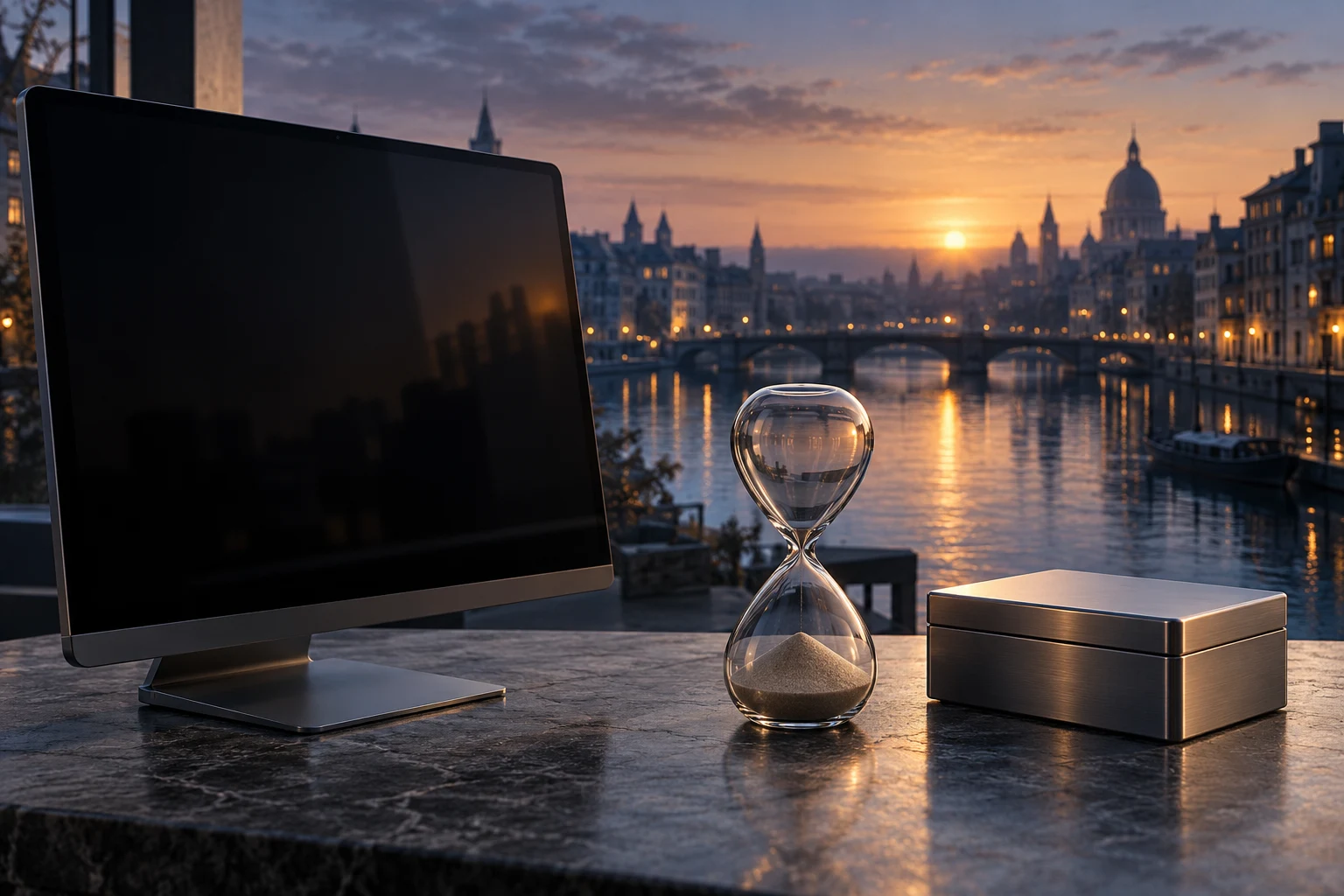 Conceptual inactive trading screen, glass hourglass with settled sand and closed metal box overlooking a canal city at dawn.